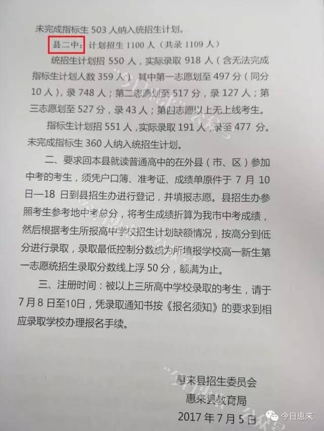 2017惠来中考分数线