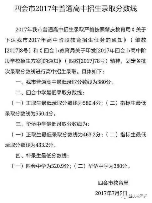 2017年四会中学、华侨中学录取分数线
