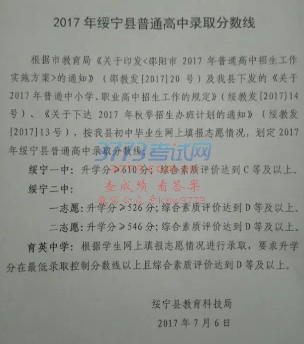 2017绥宁中考分数线（绥宁一中、绥宁二中、育英中学录取分数线）