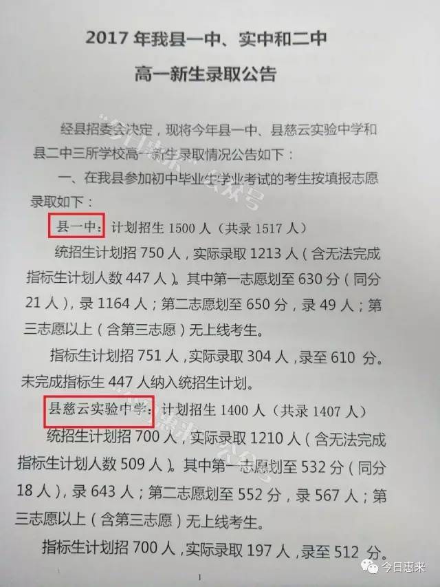 2017惠来中考分数线