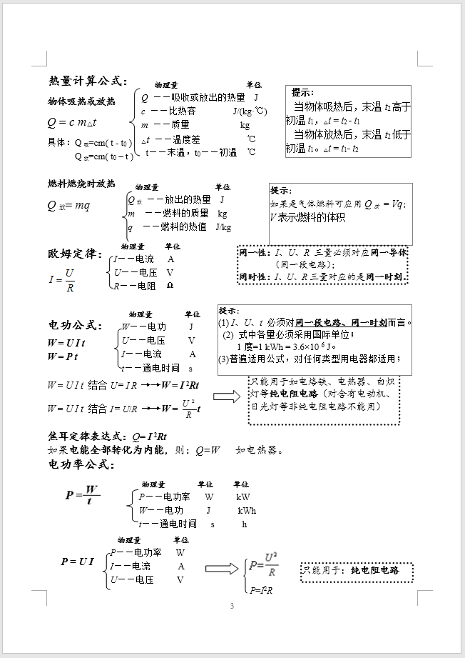 2019中考物理常用公式汇总