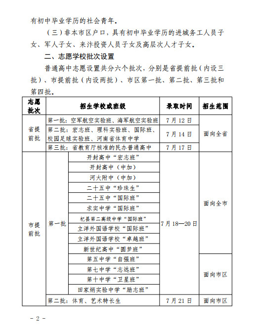 2019年中考河南开封市市区普通高中招生方案