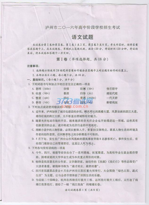 四川省泸州市2016年中考语文试题