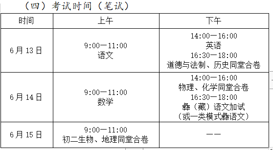 2019年四川凉山中考考试时间：6月13日-14日